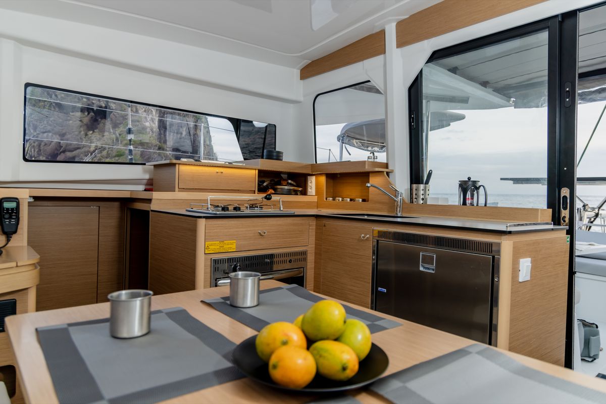 Galley of Pura Vida, a Excess 11 catamaran at Ribishi, Saint Vincent and the Grenadines