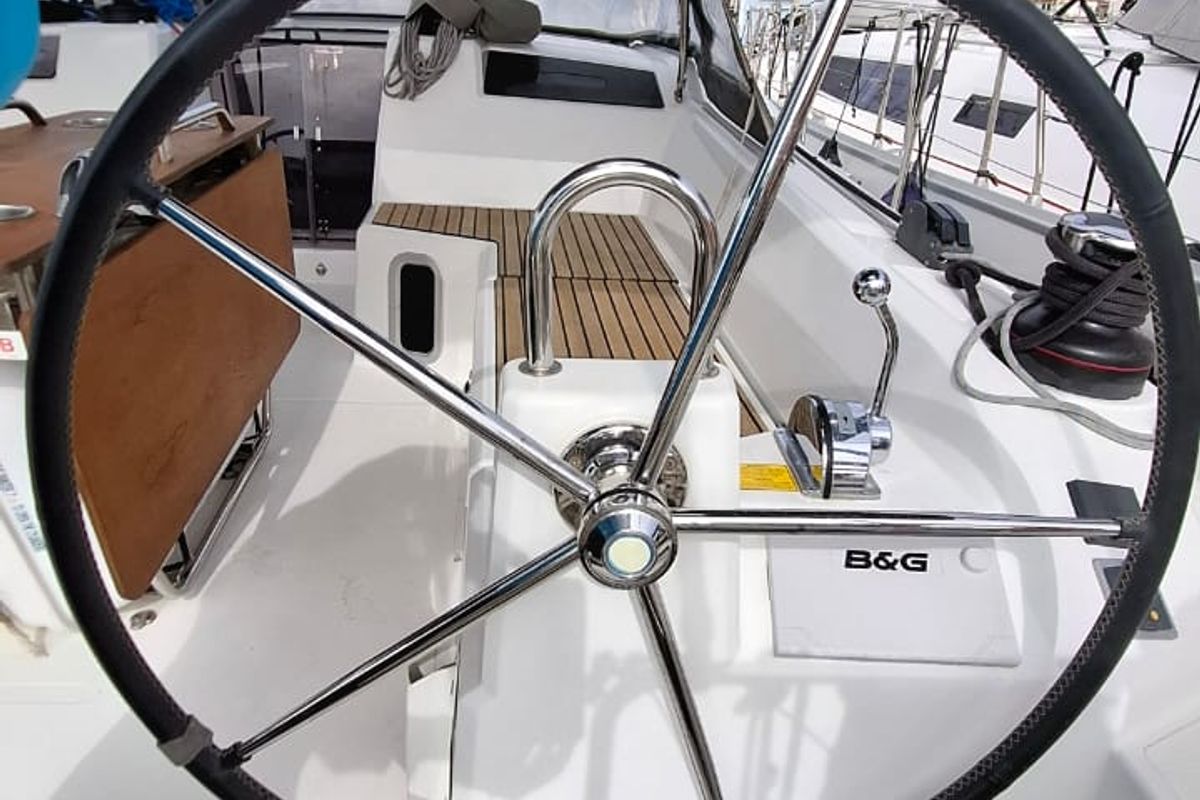 Cockpit of Taylor, a Beneteau Oceanis 40.1 sailboat at Municipal Unit of Lefkada, Greece