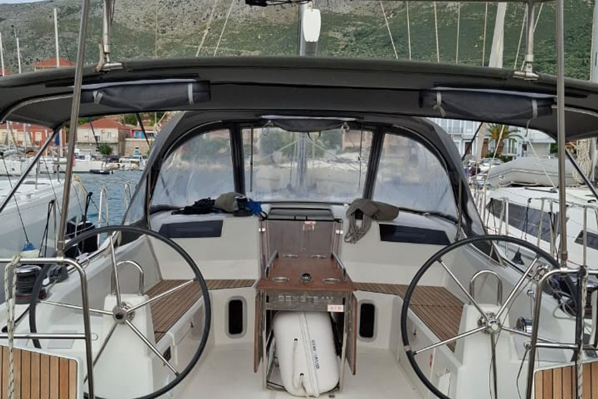 Cockpit of Taylor, a Beneteau Oceanis 40.1 sailboat at Municipal Unit of Lefkada, Greece