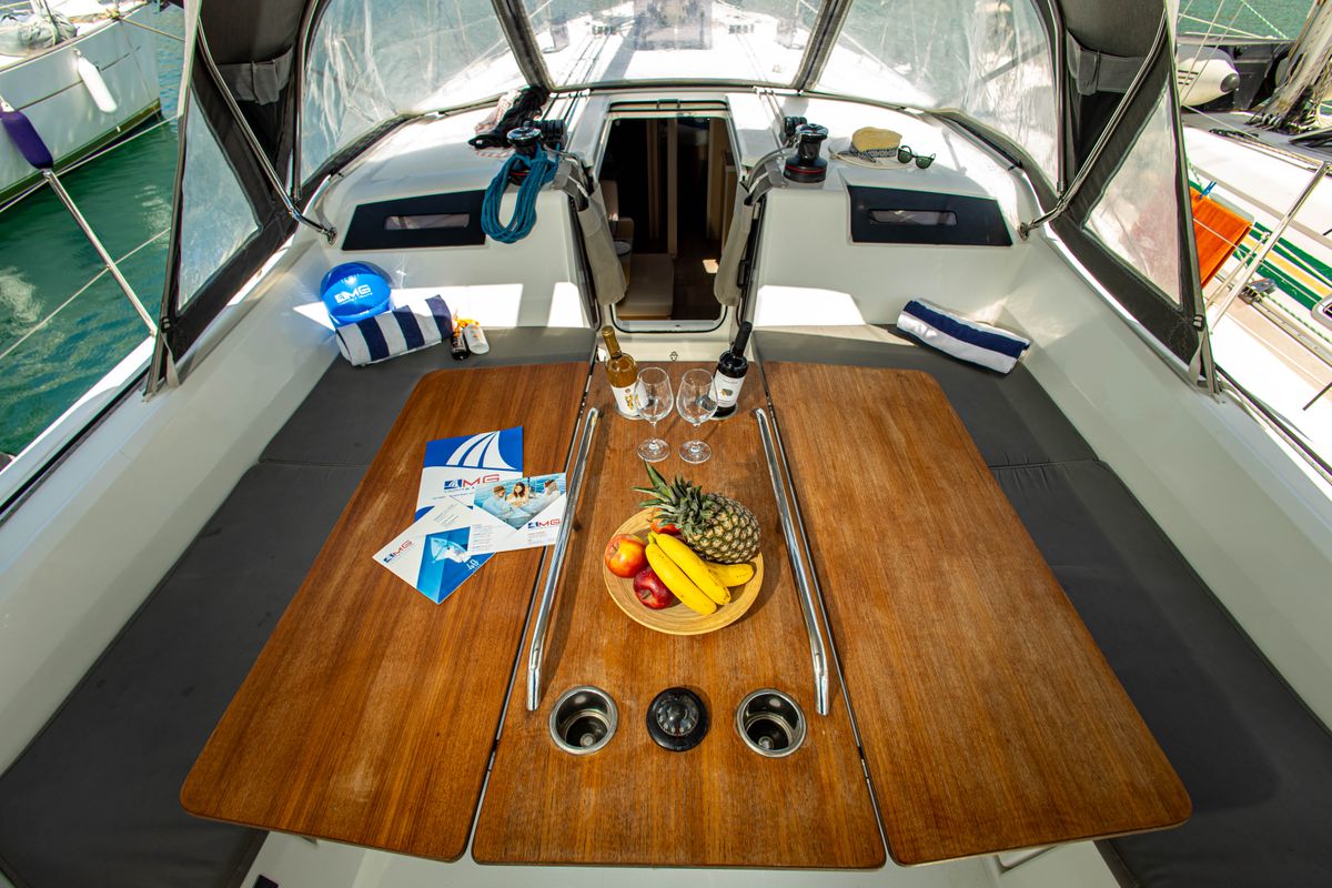 Cockpit of Taylor, a Beneteau Oceanis 40.1 sailboat at Municipal Unit of Lefkada, Greece