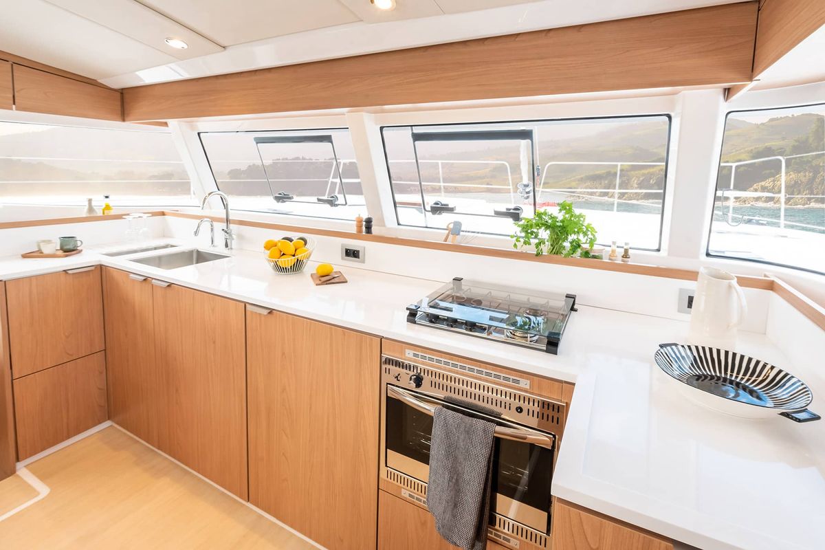 Galley of The Maestro Cat, a Bali Catspace catamaran at Municipal Unit of Lefkada, Greece