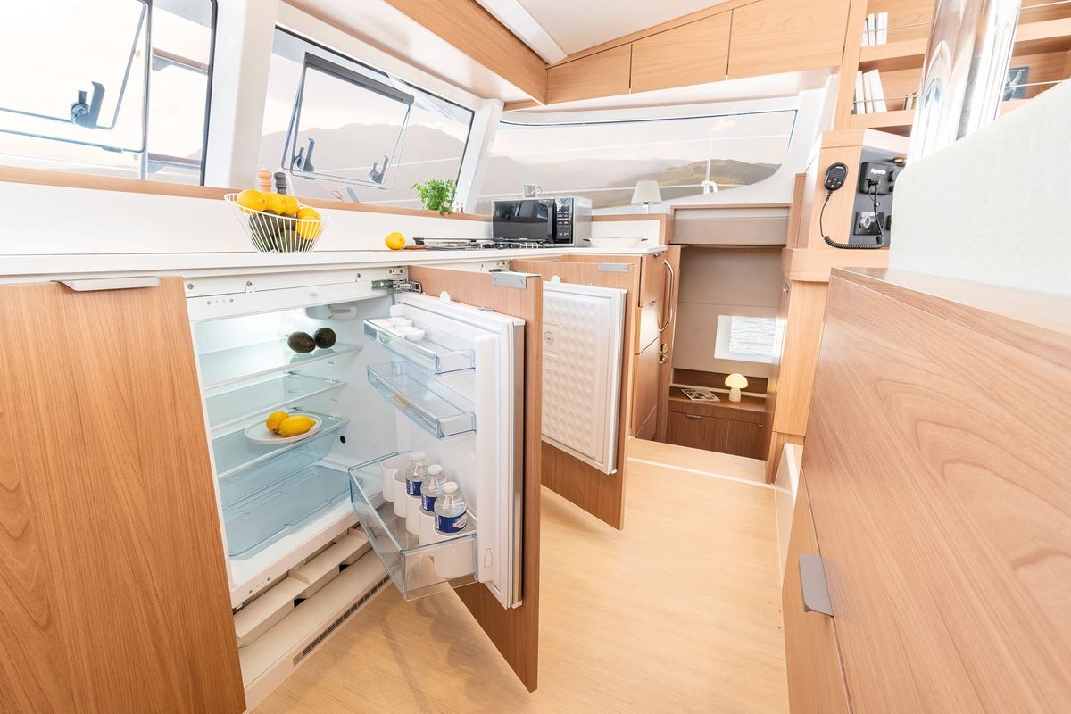 Galley of The Maestro Cat, a Bali Catspace catamaran at Municipal Unit of Lefkada, Greece