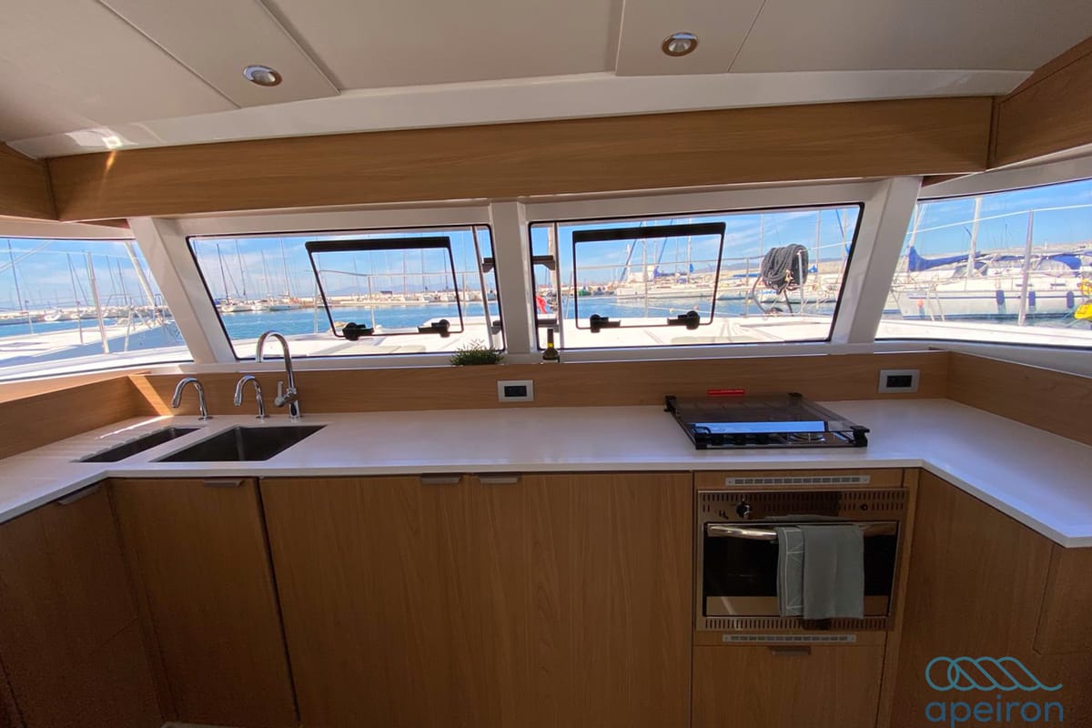Galley of The Maestro Cat, a Bali Catspace catamaran at Municipal Unit of Lefkada, Greece