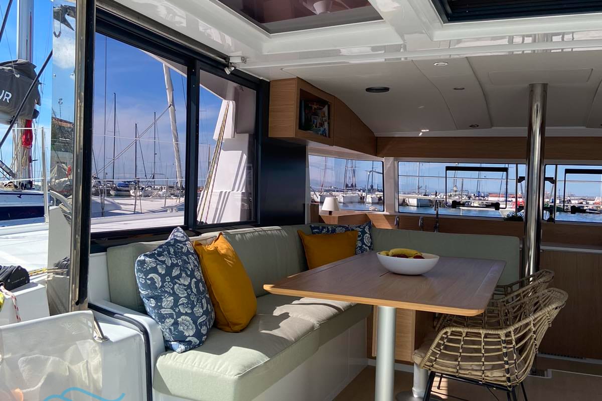 Salon of The Maestro Cat, a Bali Catspace catamaran at Municipal Unit of Lefkada, Greece