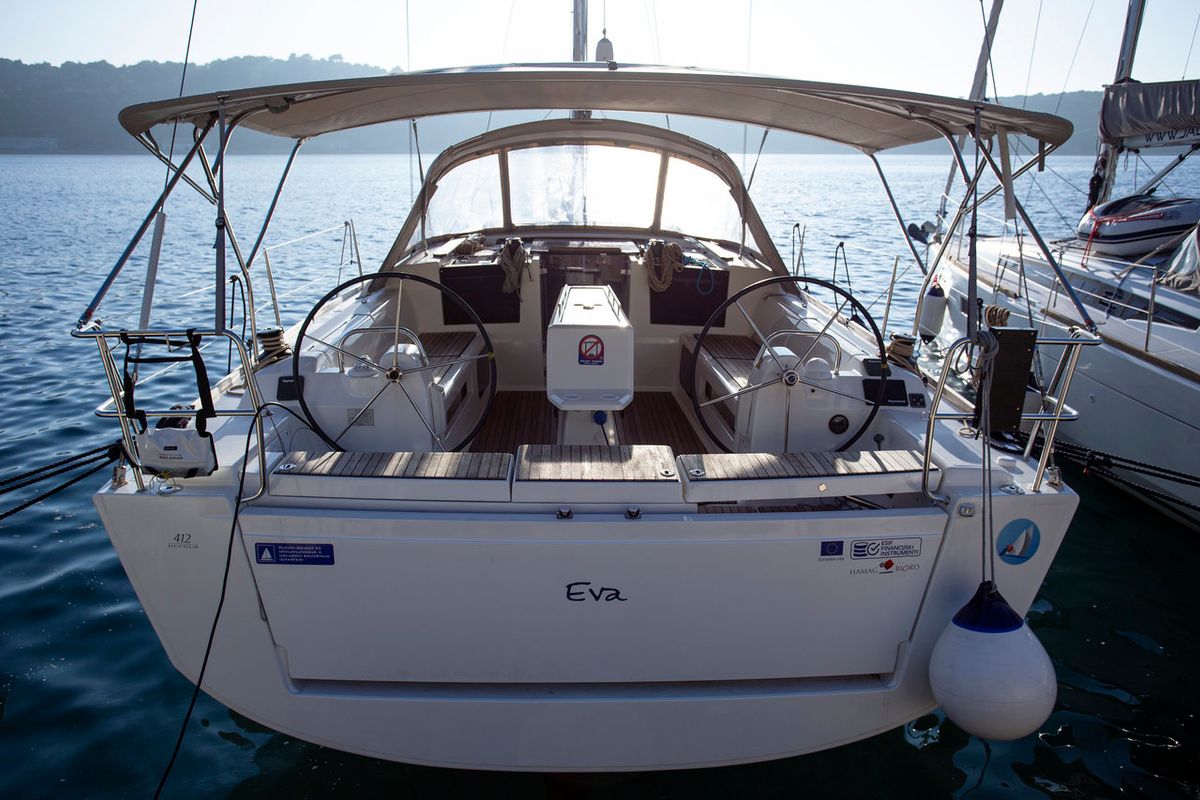 Exterior view of Eva, a Dufour 412 GL sailboat at Mali Lošinj, Croatia