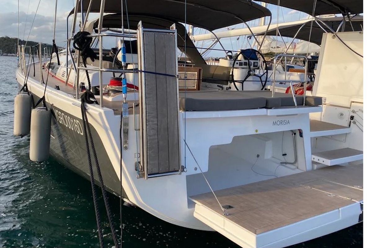 Exterior view of Morisia, a Dufour 56 Exclusive sailboat at Olbia, Italy