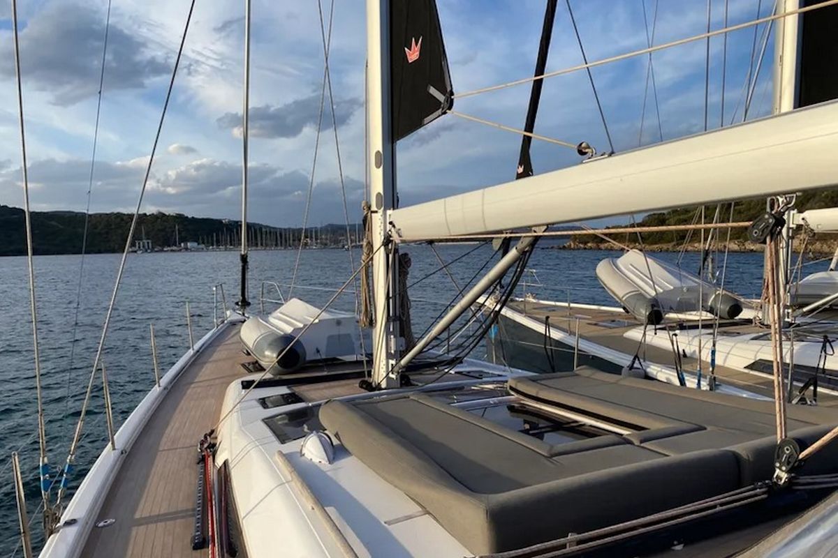 Deck of Morisia, a Dufour 56 Exclusive sailboat at Olbia, Italy