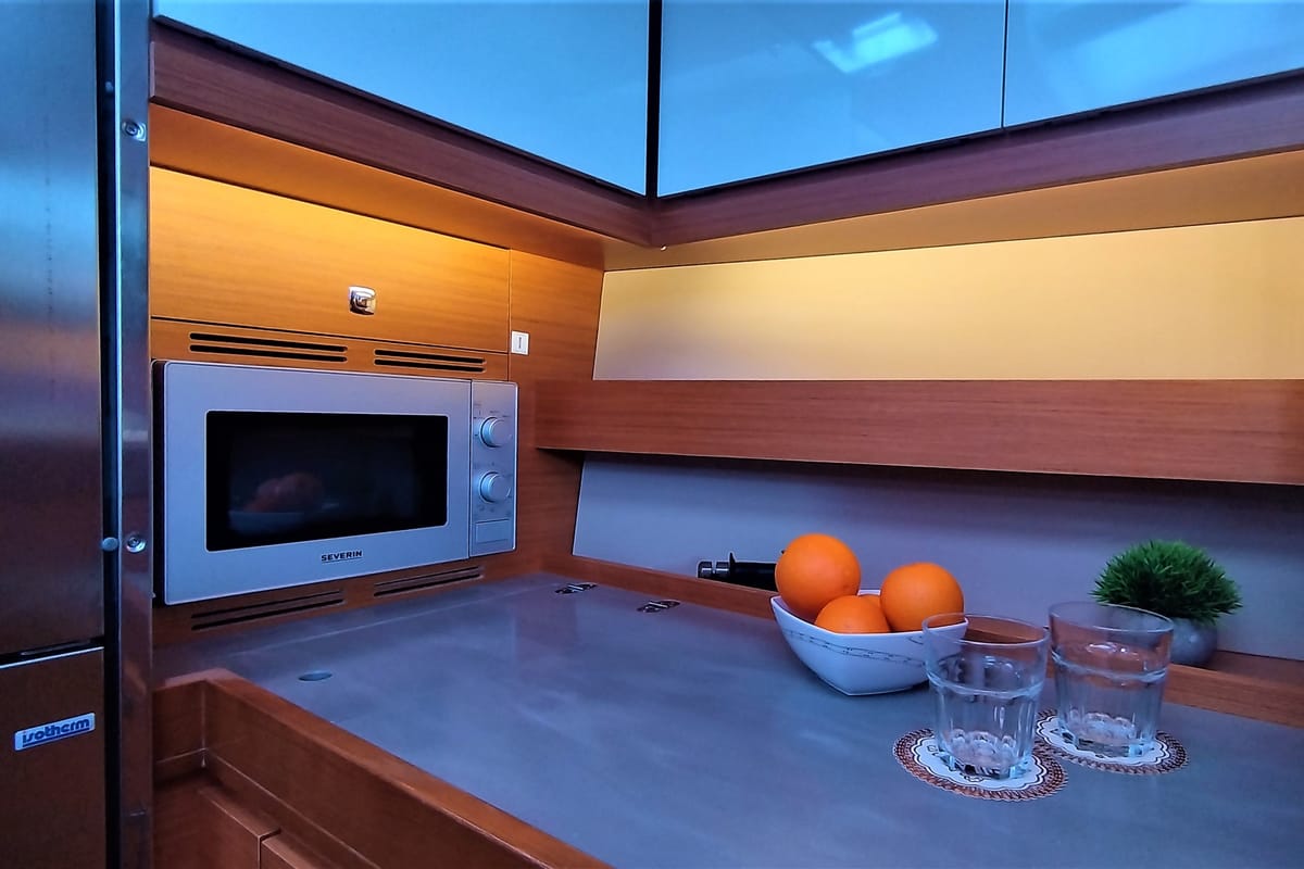 Galley of Morisia, a Dufour 56 Exclusive sailboat at Olbia, Italy
