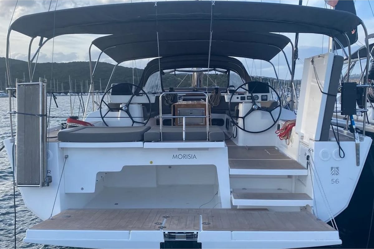 Exterior view of Morisia, a Dufour 56 Exclusive sailboat at Olbia, Italy