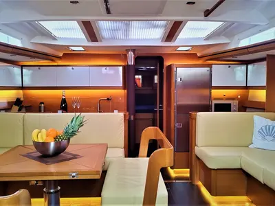 Salon of Morisia, a Dufour 56 Exclusive sailboat at Olbia, Italy