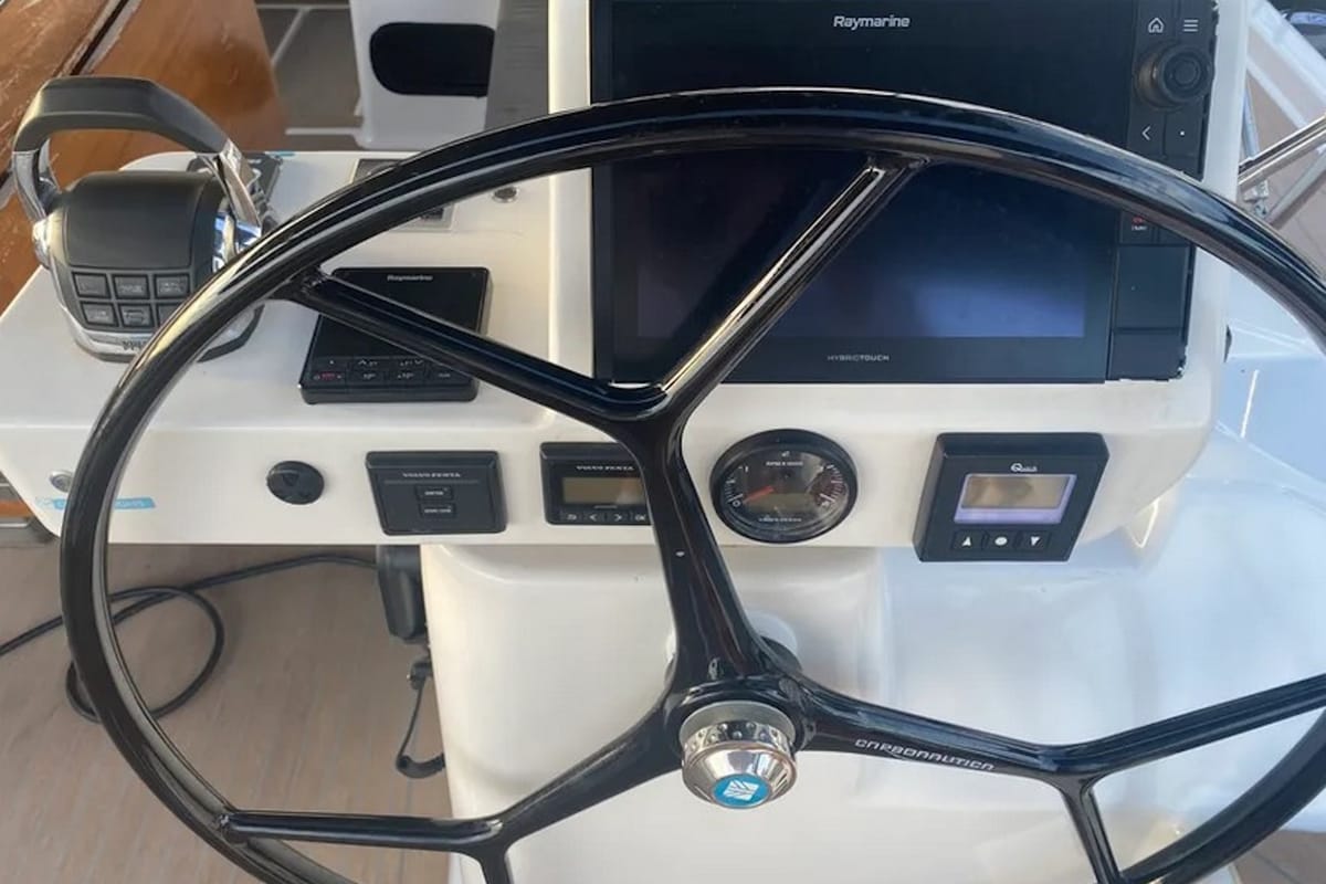 Cockpit of Morisia, a Dufour 56 Exclusive sailboat at Olbia, Italy