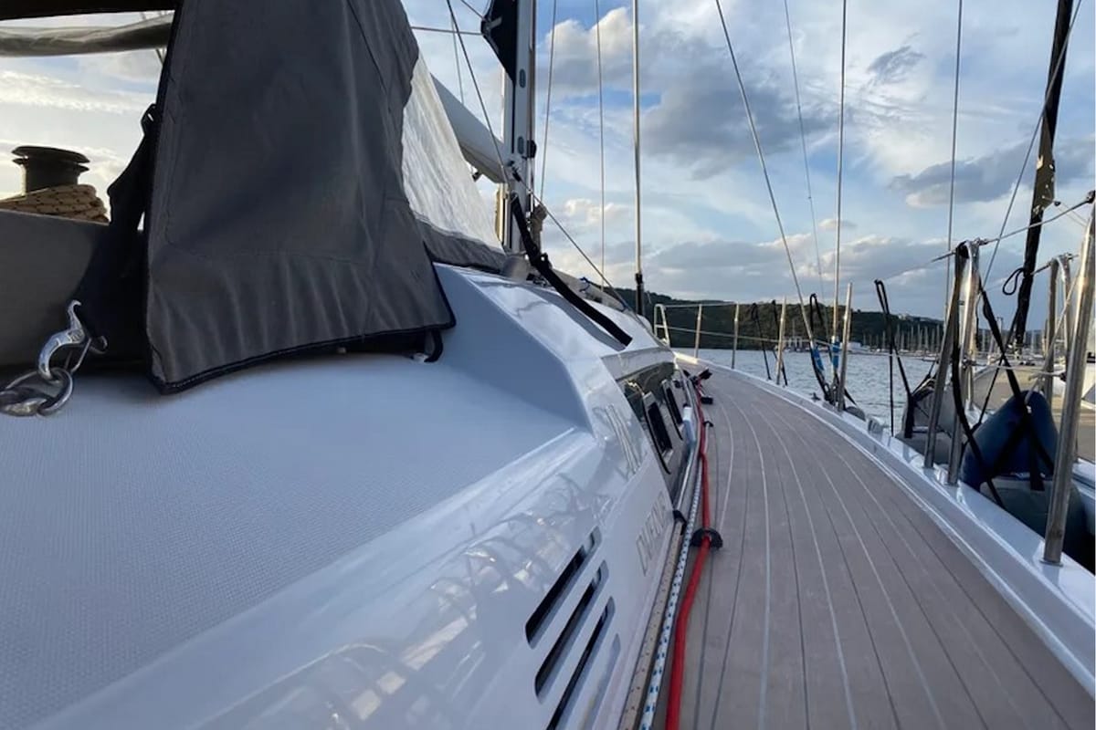 Deck of Morisia, a Dufour 56 Exclusive sailboat at Olbia, Italy