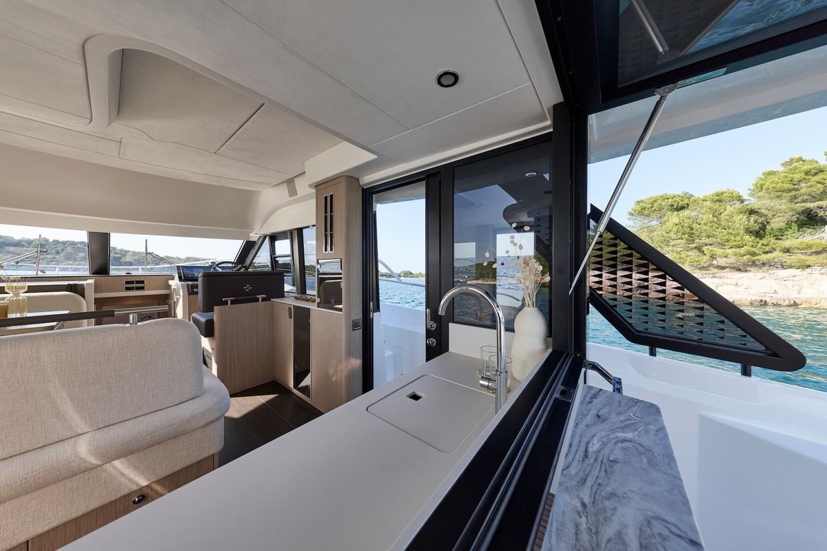 Galley of MR.77, a Prestige F4.3 motorboat at Grad Kaštela, Croatia