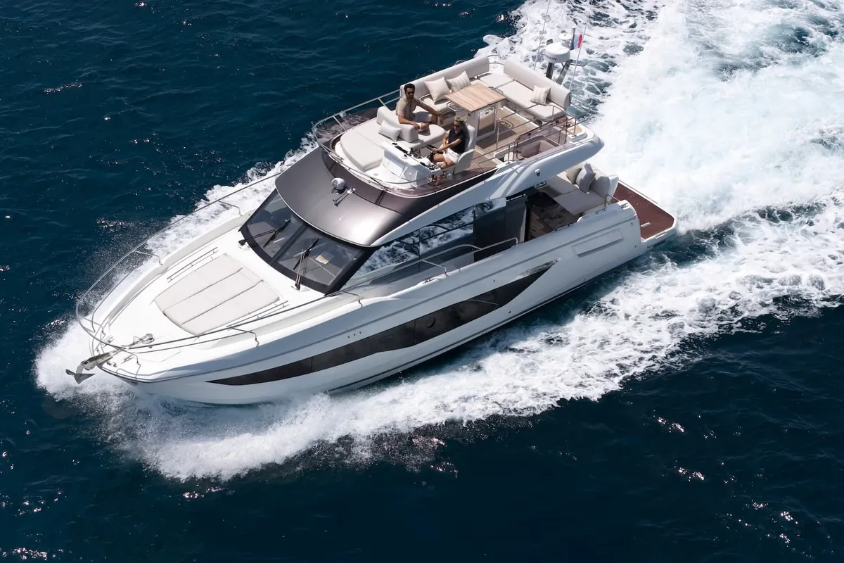 Exterior view of MR.77, a Prestige F4.3 motorboat at Grad Kaštela, Croatia