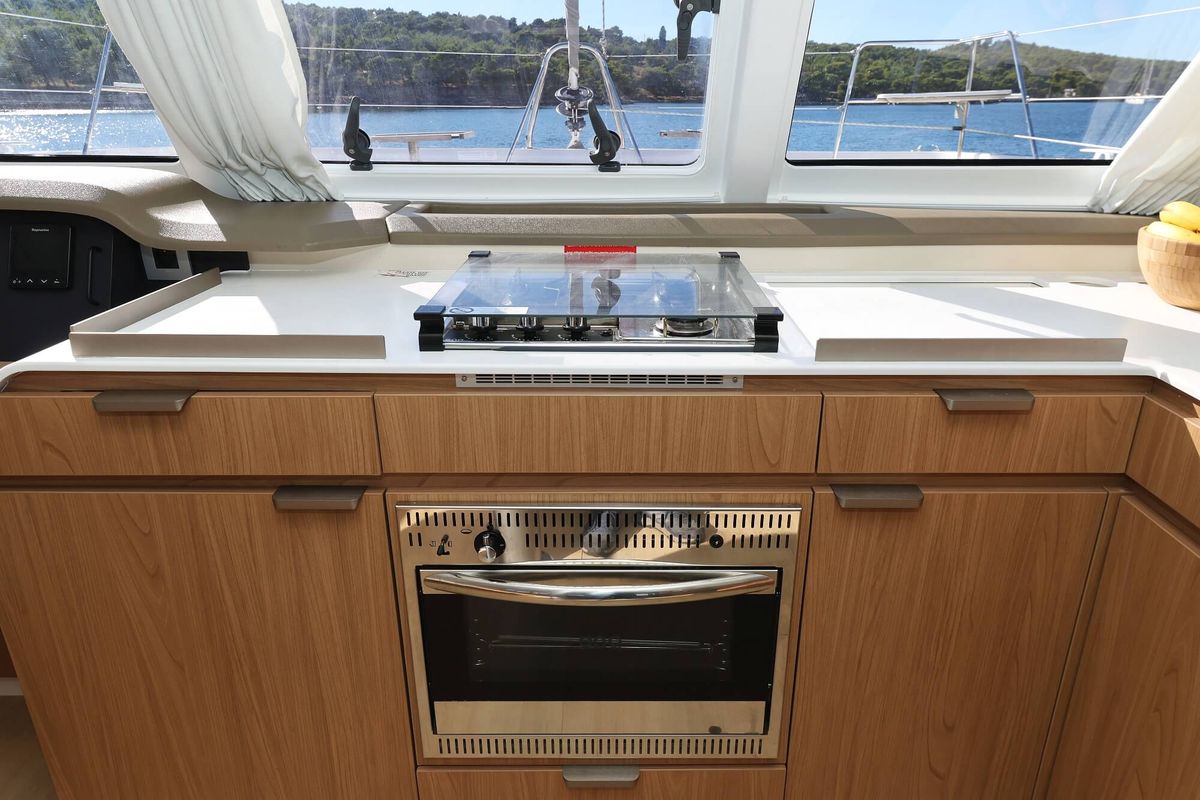 Galley of Rolling Stone, a Bali Catspace catamaran at Grad Šibenik, Croatia