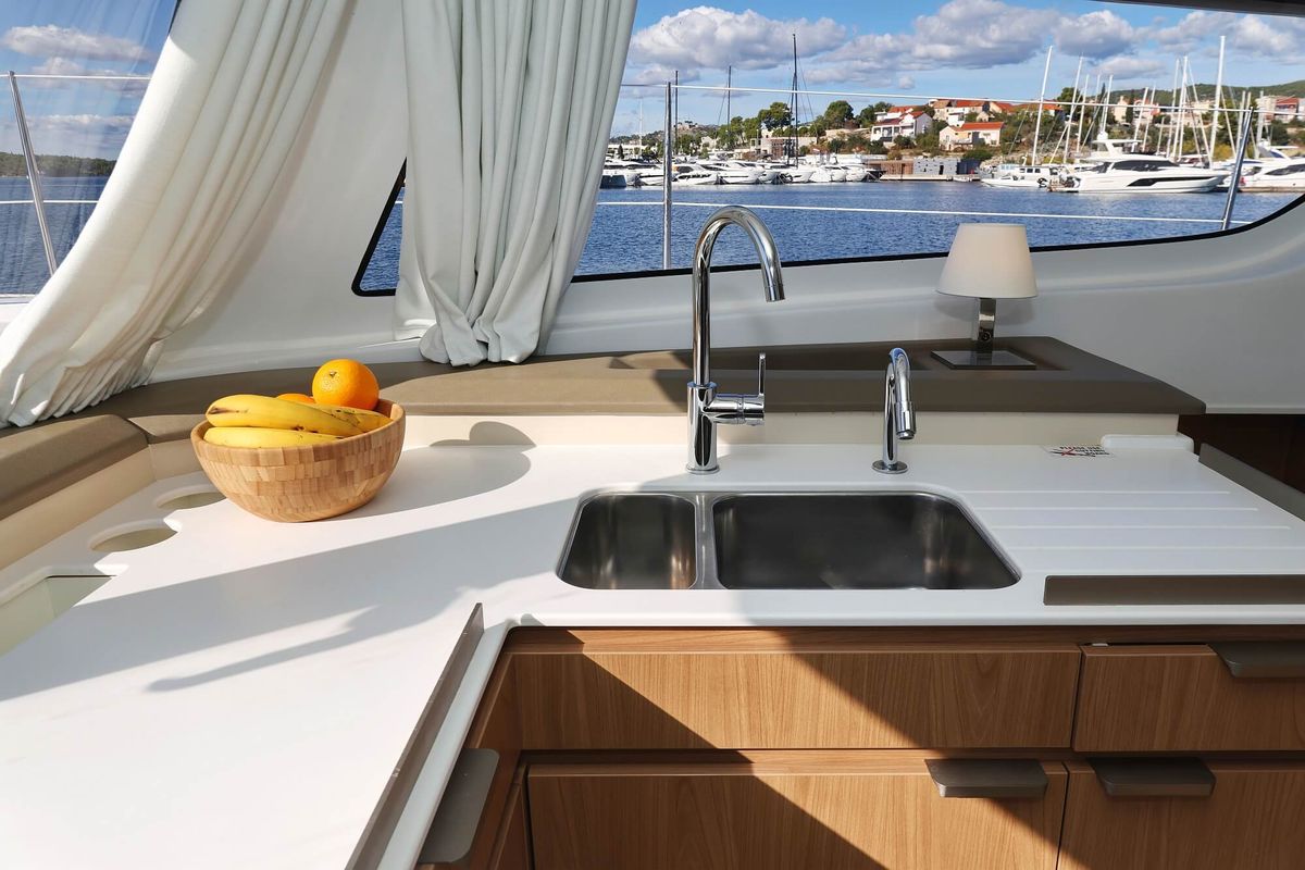 Galley of Rolling Stone, a Bali Catspace catamaran at Grad Šibenik, Croatia