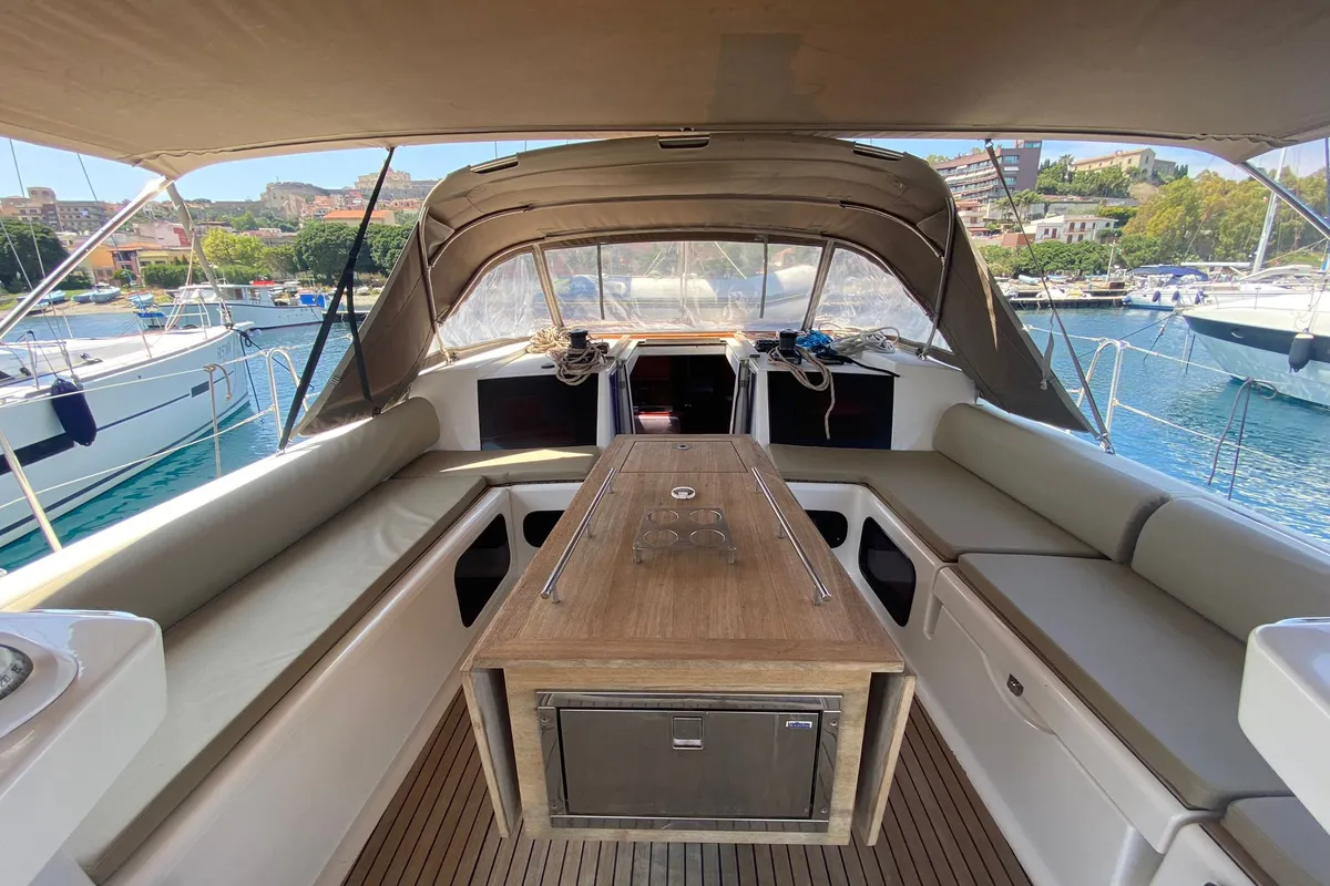 Cockpit of Moscow Mule, a Dufour 520 GL sailboat at Milazzo, Italy