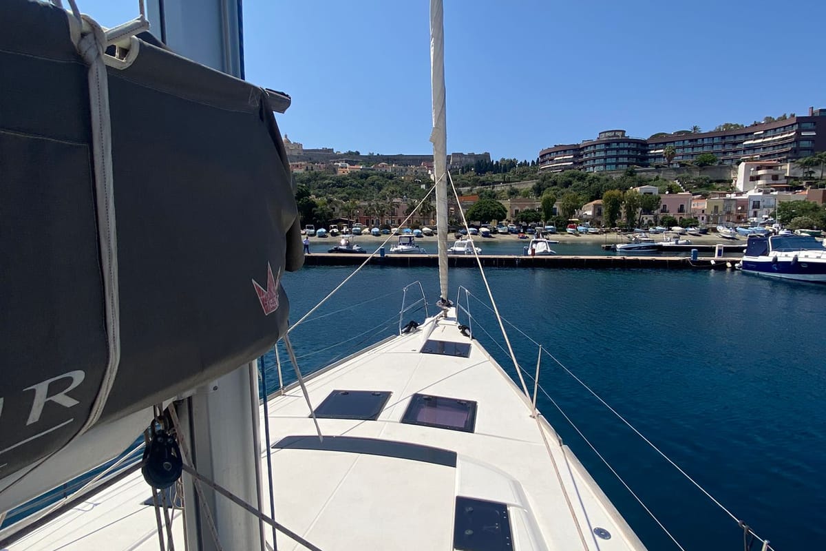 Exterior view of Moscow Mule, a Dufour 520 GL sailboat at Milazzo, Italy