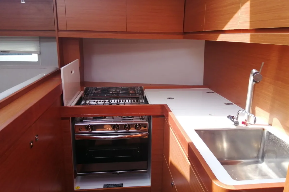 Galley of Moscow Mule, a Dufour 520 GL sailboat at Milazzo, Italy