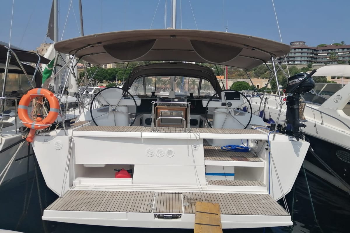 Exterior view of Moscow Mule, a Dufour 520 GL sailboat at Milazzo, Italy