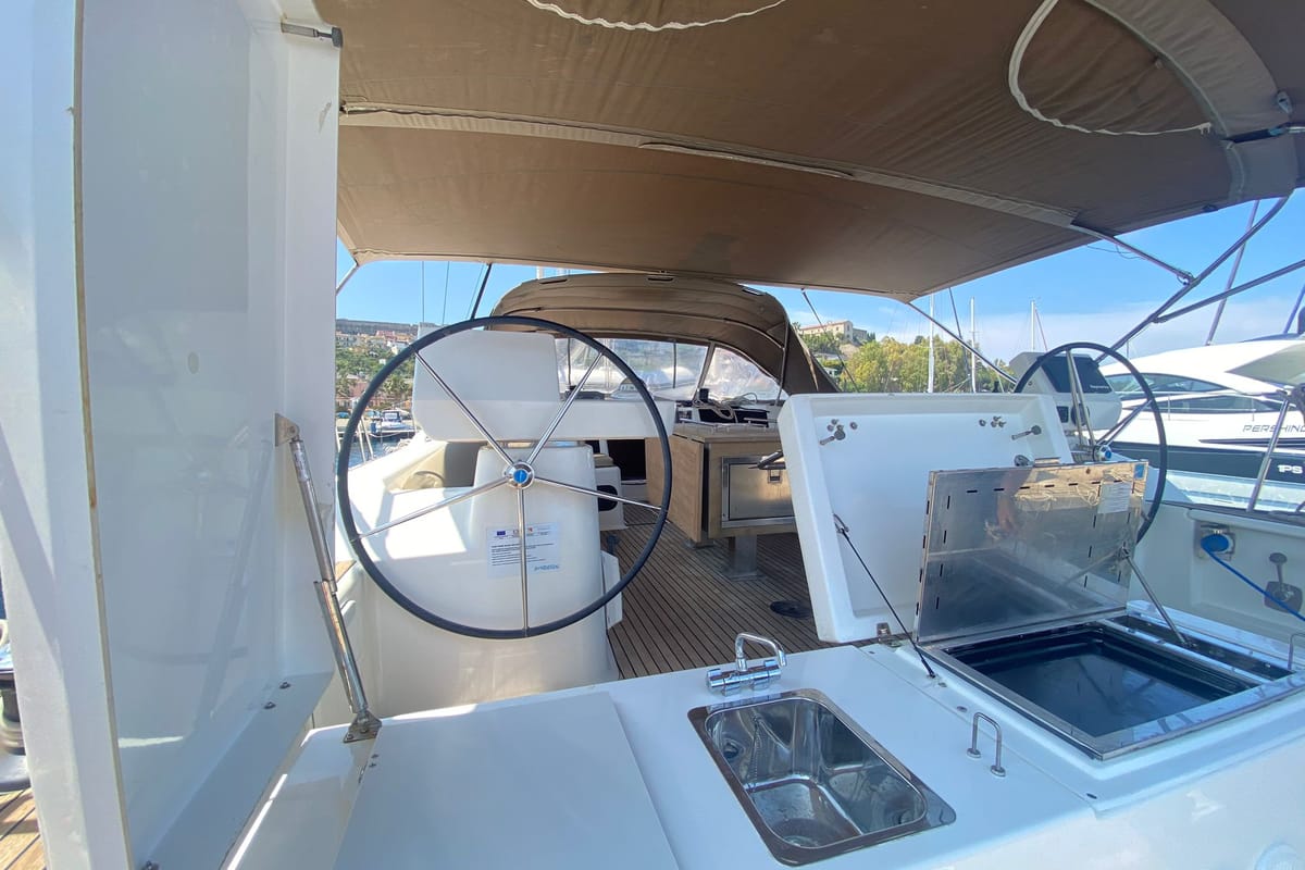Cockpit of Moscow Mule, a Dufour 520 GL sailboat at Milazzo, Italy