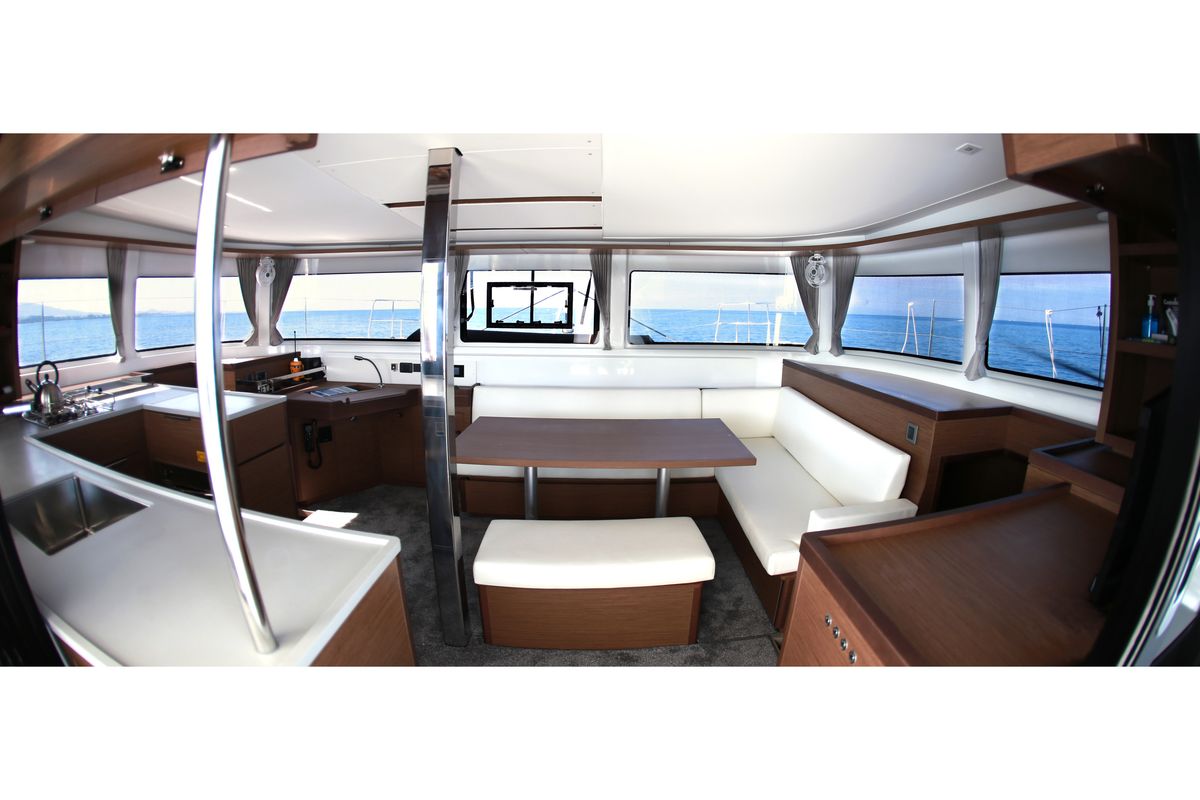 Salon of Barchetta IV, a Lagoon 46 catamaran at Piraeus, Greece