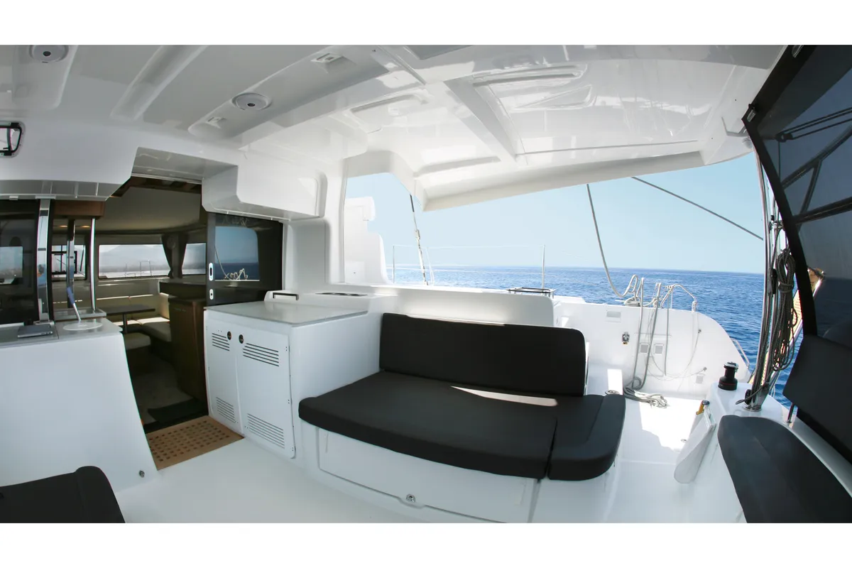 Deck of Barchetta IV, a Lagoon 46 catamaran at Piraeus, Greece