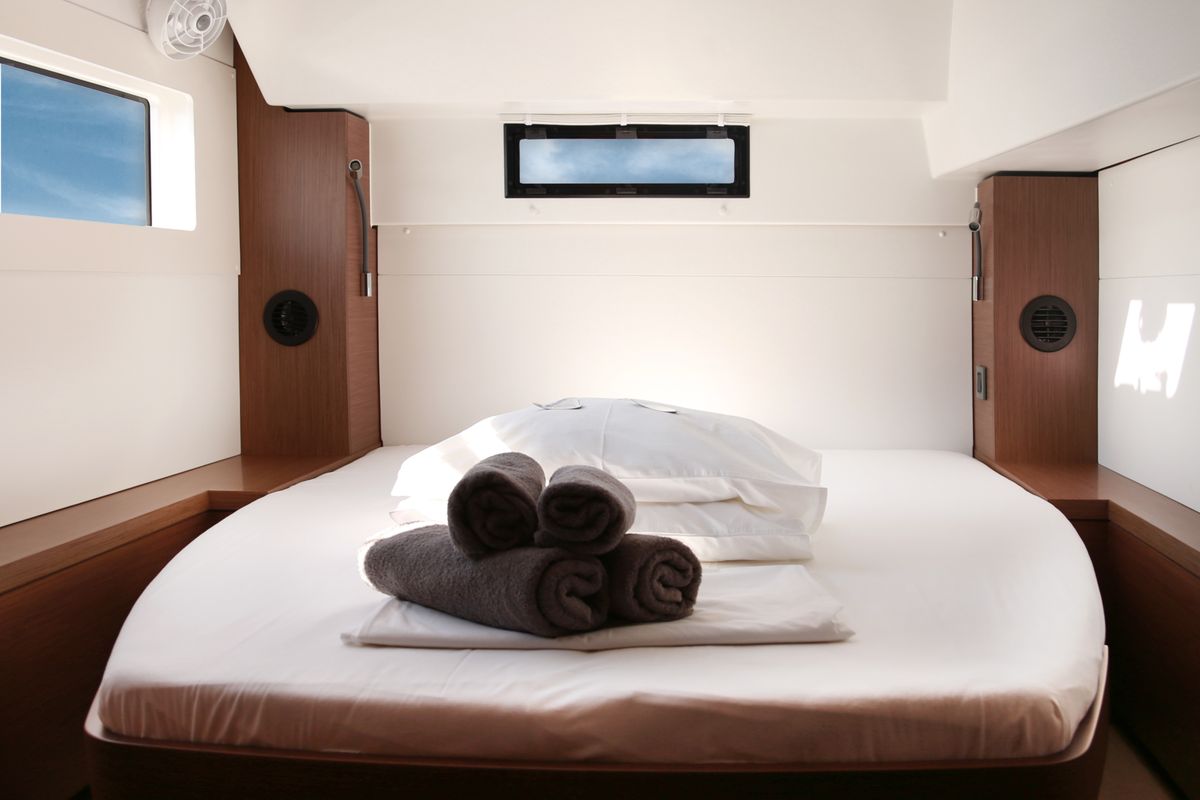 Cabin on Barchetta IV, a Lagoon 46 catamaran at Piraeus, Greece