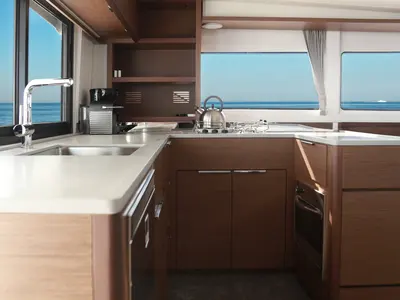 Galley of Barchetta IV, a Lagoon 46 catamaran at Piraeus, Greece