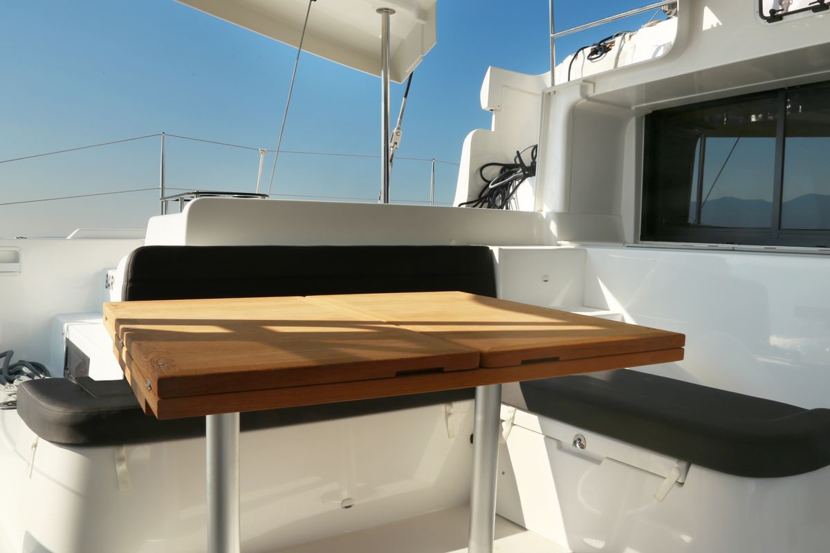 Deck of Barchetta IV, a Lagoon 46 catamaran at Piraeus, Greece