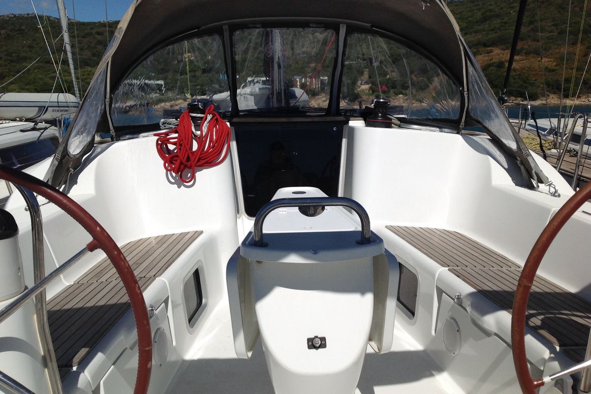 Cockpit of Gemini, a Jeanneau Sun Odyssey 42 i sailboat at Olbia, Italy