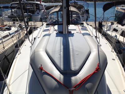 Deck of Gemini, a Jeanneau Sun Odyssey 42 i sailboat at Olbia, Italy