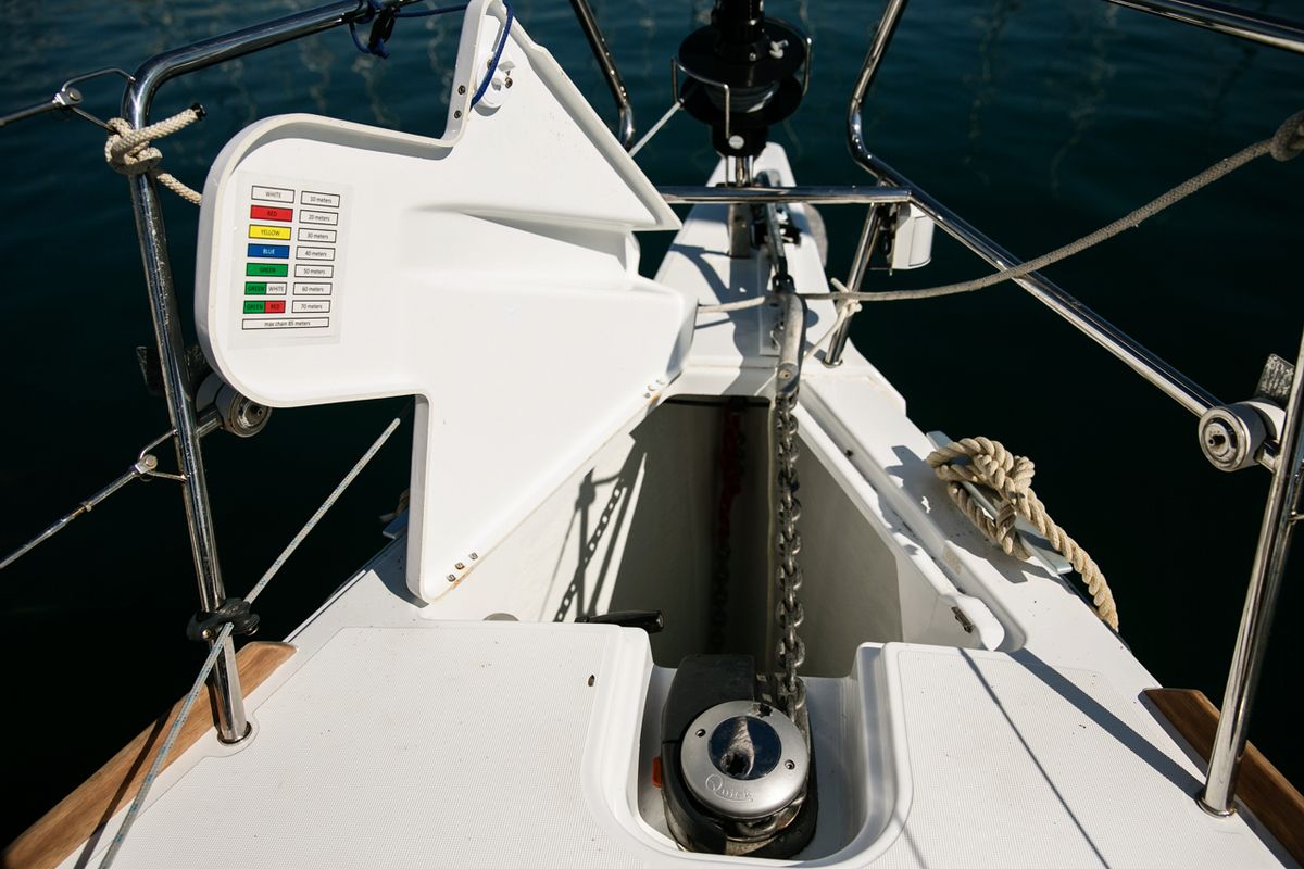 Exterior view of Charlie, a Jeanneau Sun Odyssey 449 sailboat at Athens, Greece
