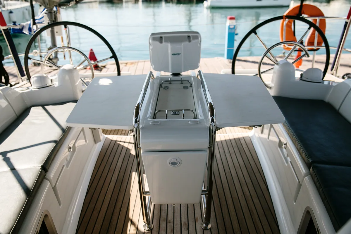 Cockpit of Charlie, a Jeanneau Sun Odyssey 449 sailboat at Athens, Greece