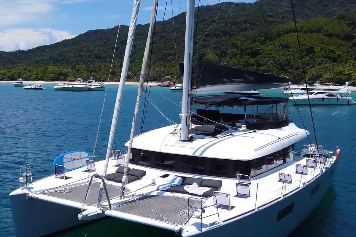Exterior view of La Joya, a Lagoon 620 catamaran at Angra dos Reis, Brazil