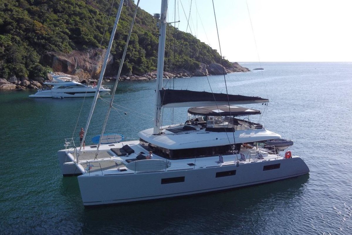 Exterior view of La Joya, a Lagoon 620 catamaran at Angra dos Reis, Brazil