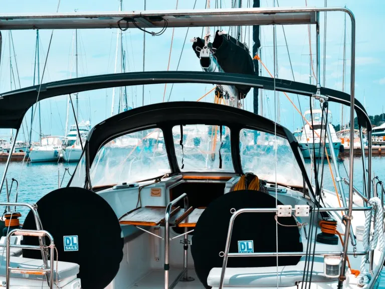 Cockpit of Godspeed, a Dufour 385 Grand Large sailboat at Municipal Unit of Lefkada, Greece