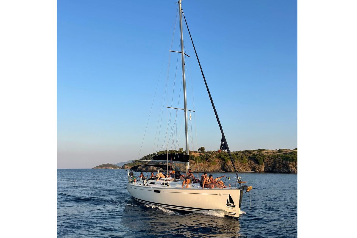 Exterior view of Godspeed, a Dufour 385 Grand Large sailboat at Municipal Unit of Lefkada, Greece