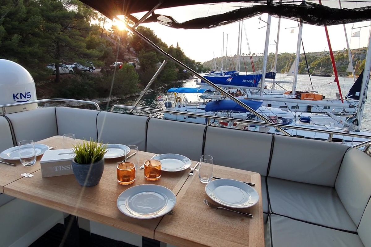 Deck of Sundowner, a Beneteau Monte Carlo 5 motorboat at Grad Trogir, Croatia