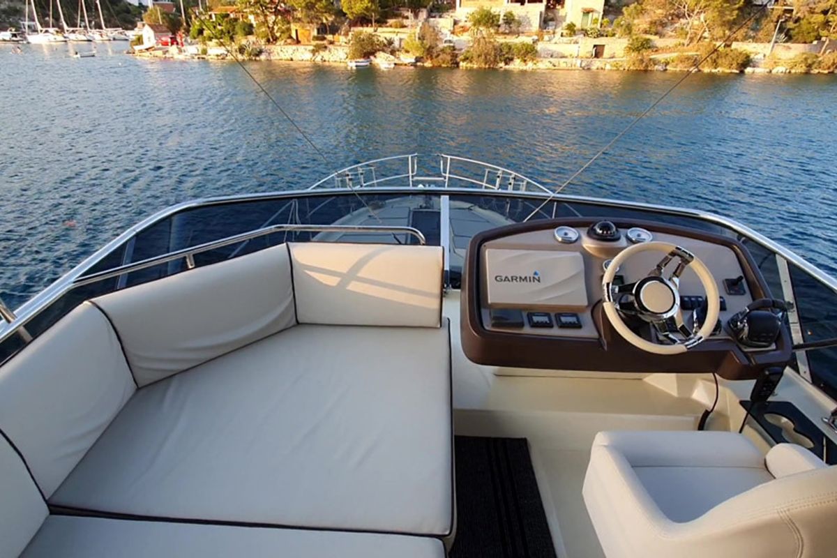 Cockpit of Sundowner, a Beneteau Monte Carlo 5 motorboat at Grad Trogir, Croatia