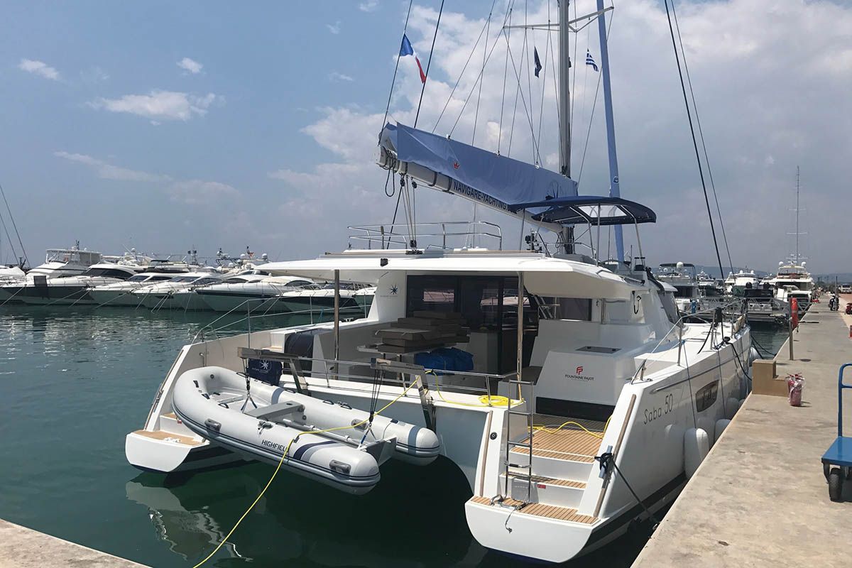 Lingaro, a Fountaine Pajot Saba 50 catamaran at Athens, Greece
