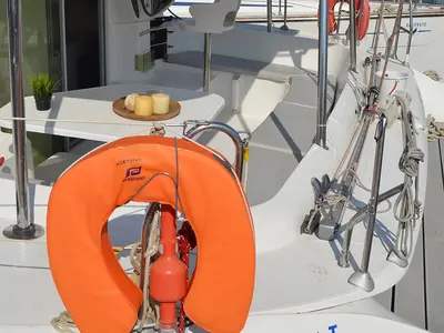 Deck of North Cat 1, a Fountaine Pajot Athena 38 catamaran at Volos Municipality, Greece