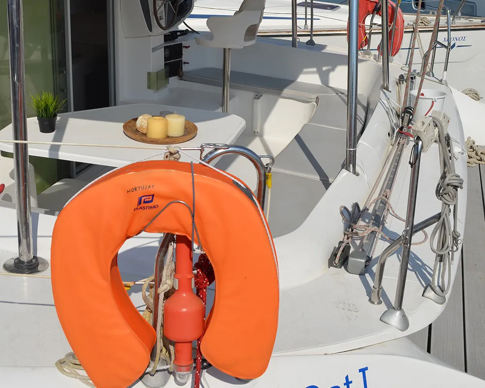 Deck of North Cat 1, a Fountaine Pajot Athena 38 catamaran at Volos Municipality, Greece
