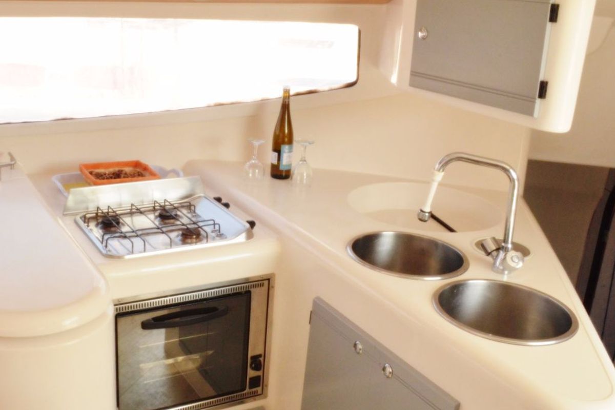 Galley of North Cat 1, a Fountaine Pajot Athena 38 catamaran at Volos Municipality, Greece