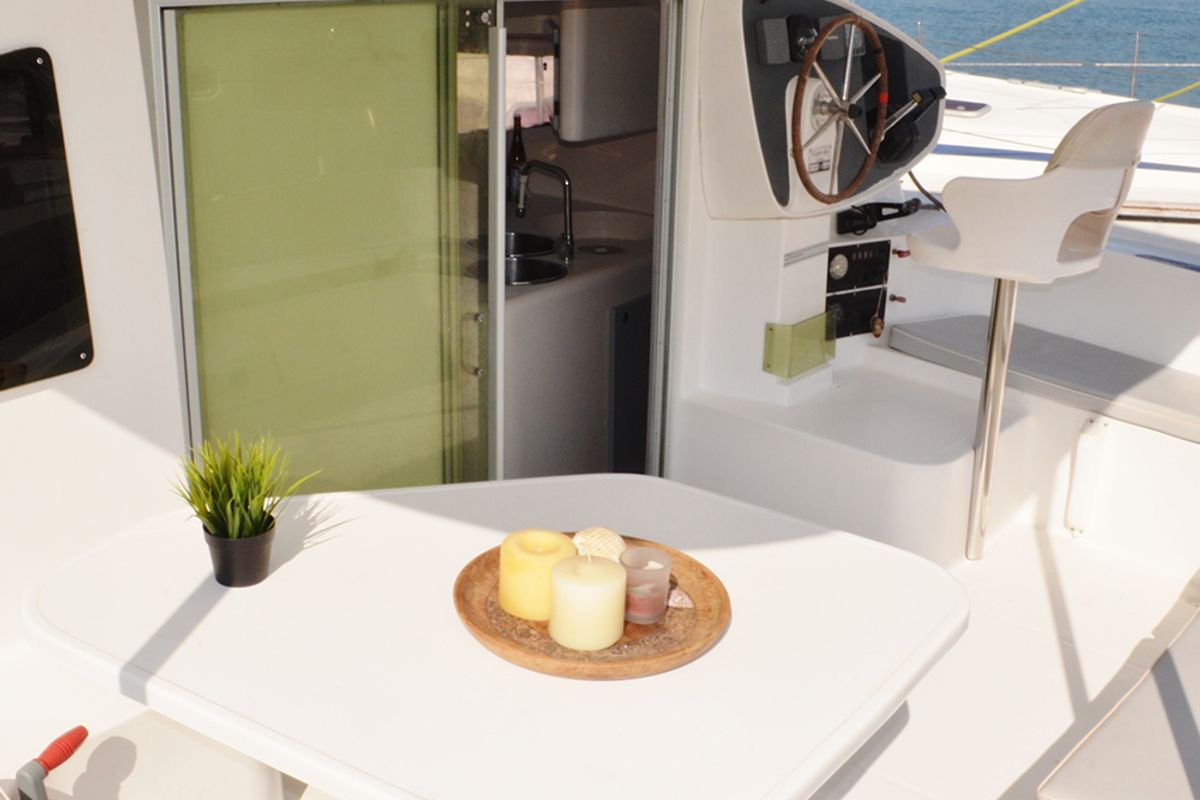Deck of North Cat 1, a Fountaine Pajot Athena 38 catamaran at Volos Municipality, Greece