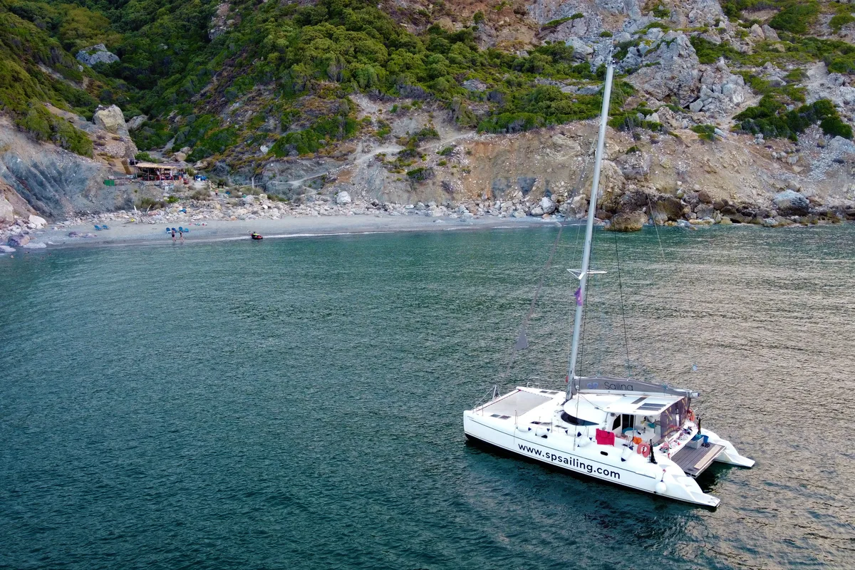 Exterior view of North Cat 1, a Fountaine Pajot Athena 38 catamaran at Volos Municipality, Greece