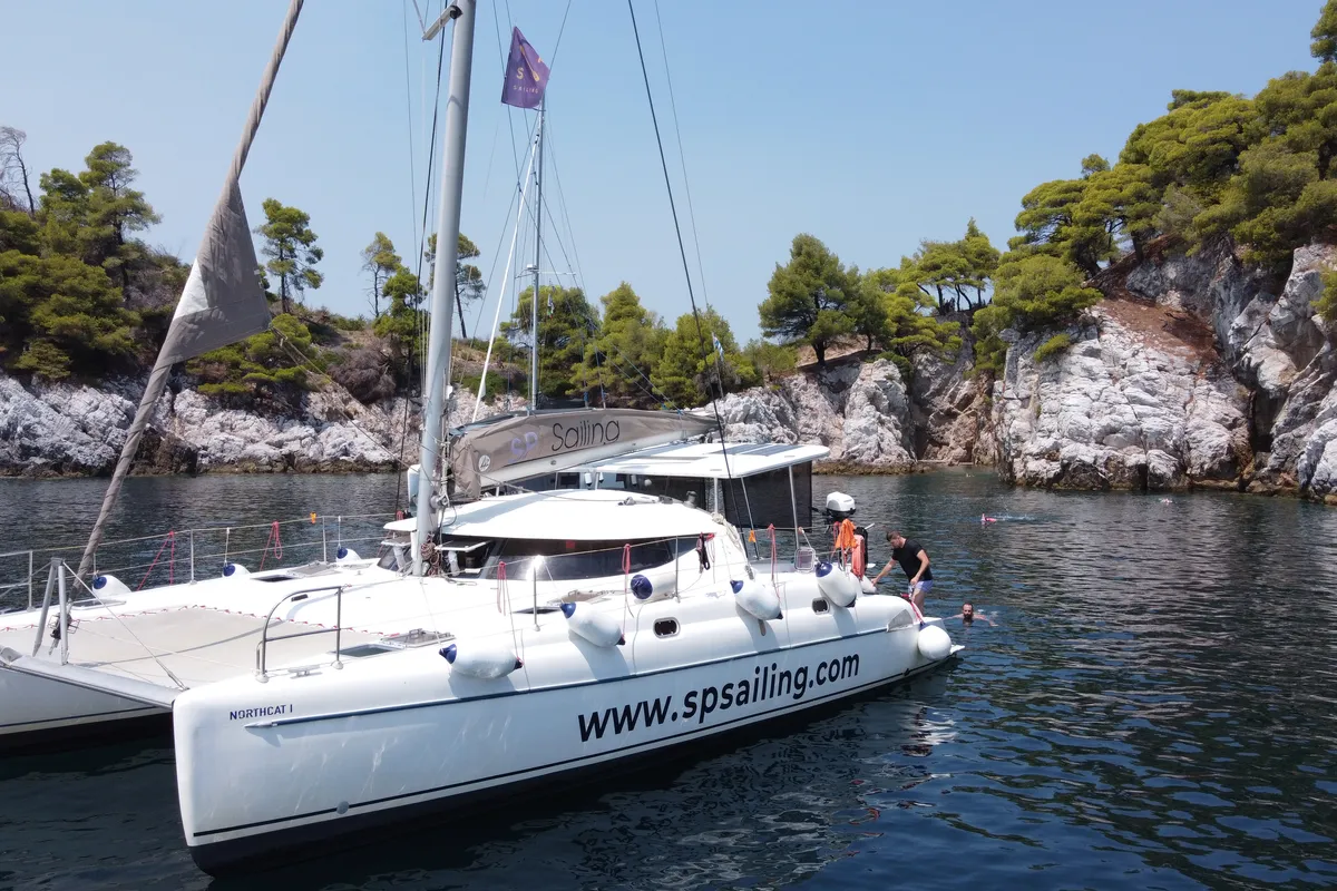 Exterior view of North Cat 1, a Fountaine Pajot Athena 38 catamaran at Volos Municipality, Greece