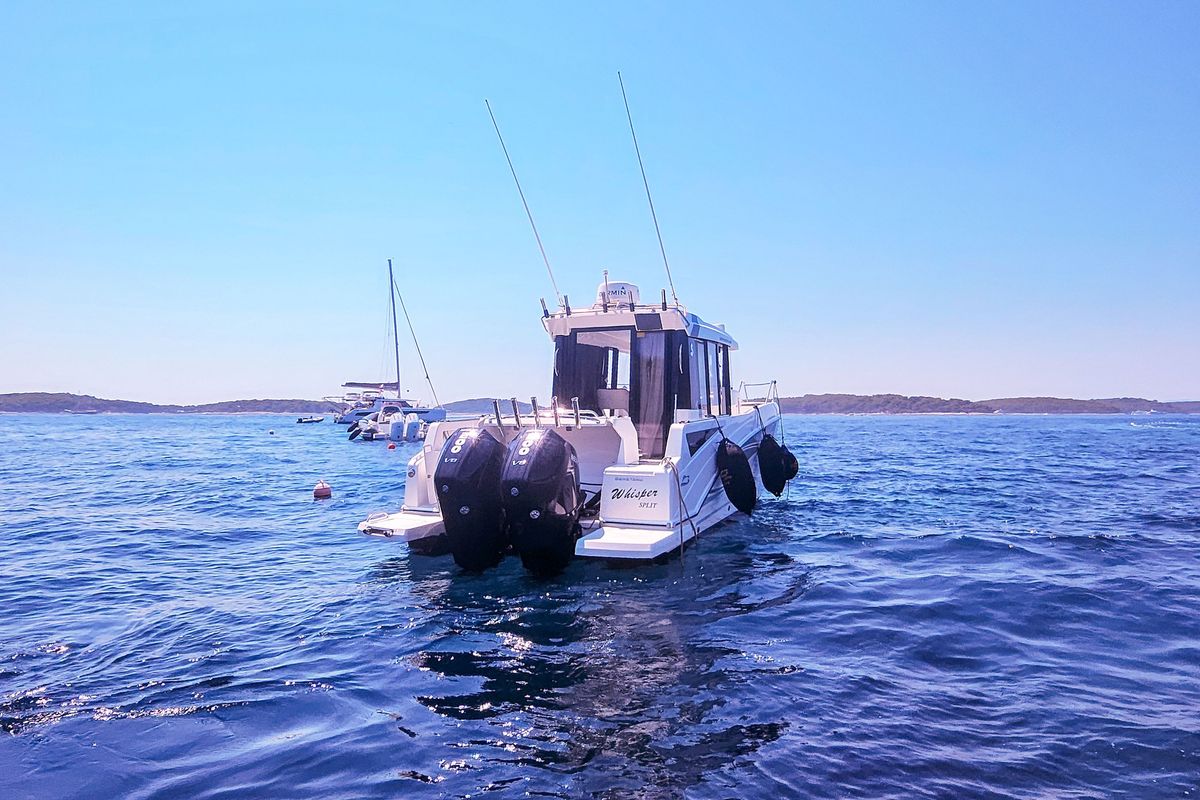 Exterior view of Whisper, a Beneteau Barracuda 8 motorboat at Split, Croatia