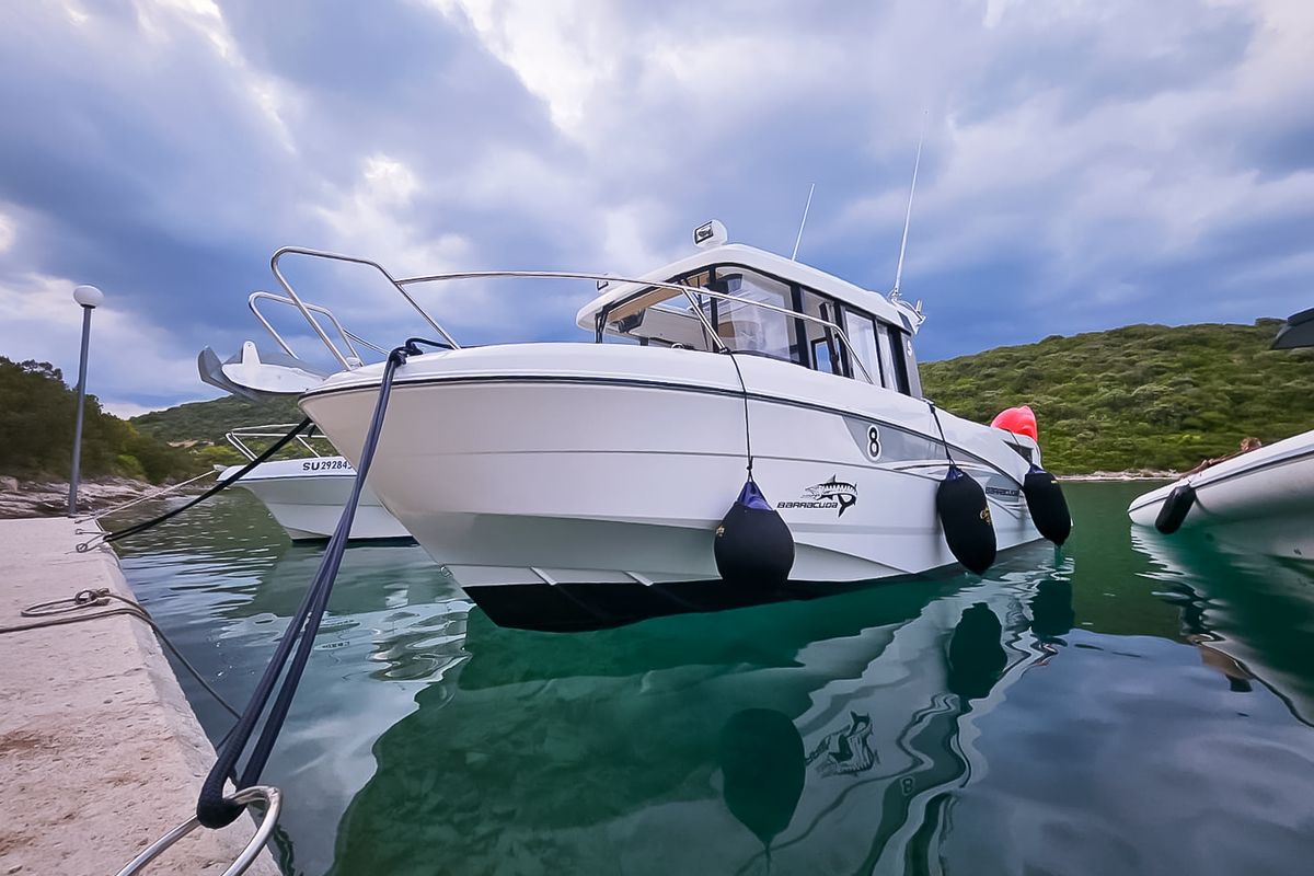 Exterior view of Whisper, a Beneteau Barracuda 8 motorboat at Split, Croatia