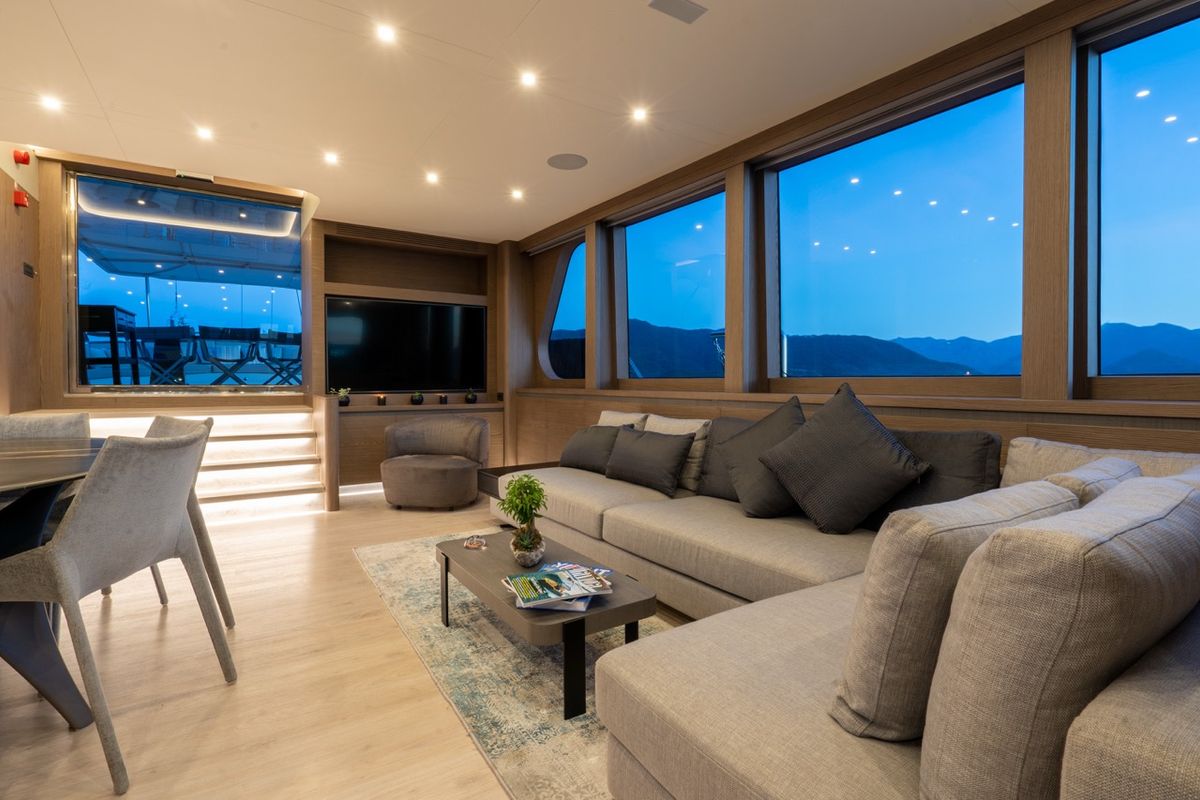 Salon of Good Life, a Gulet Custom built 183 yacht at Athens, Athens Marina, Greece